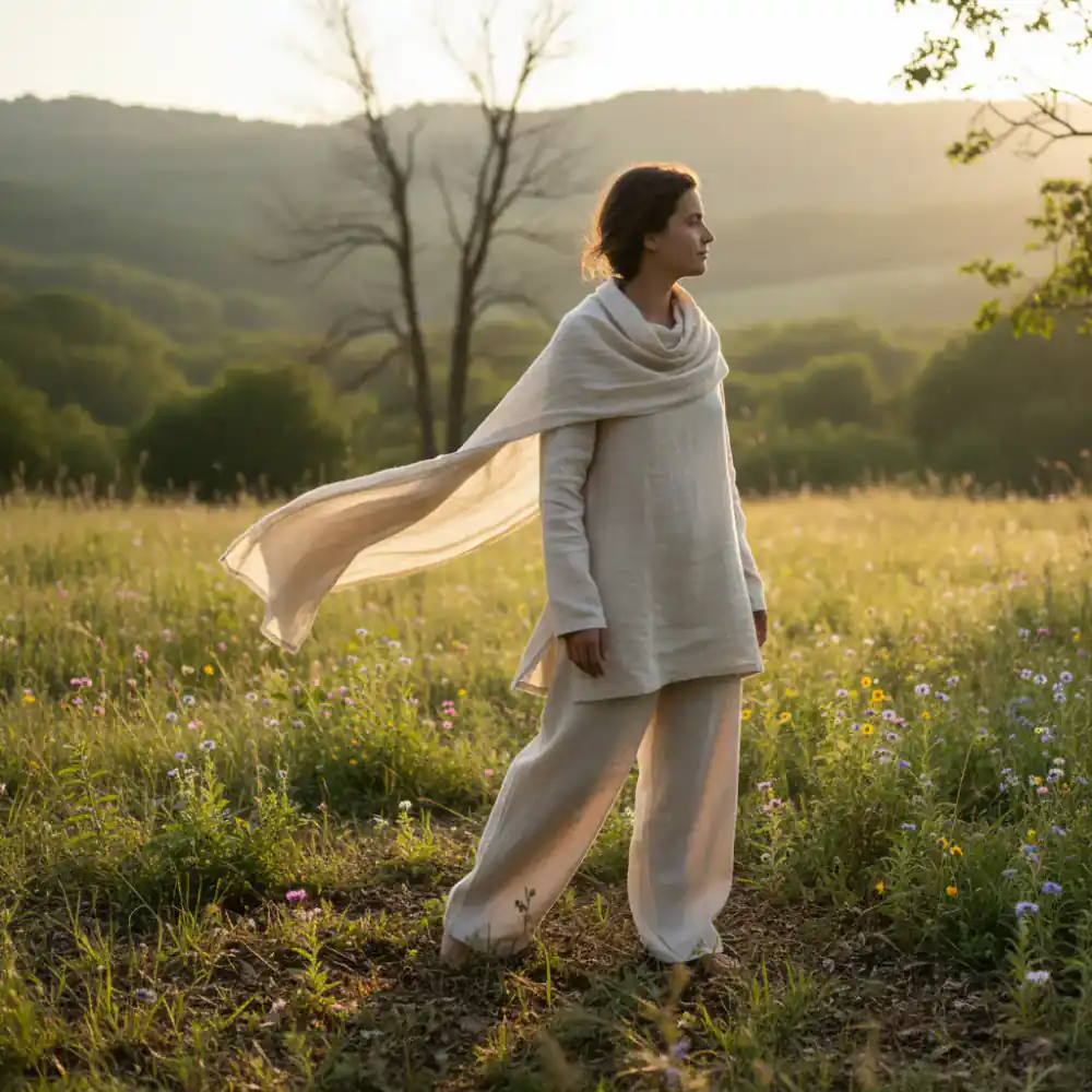 Person wearing natural linen clothing outdoors